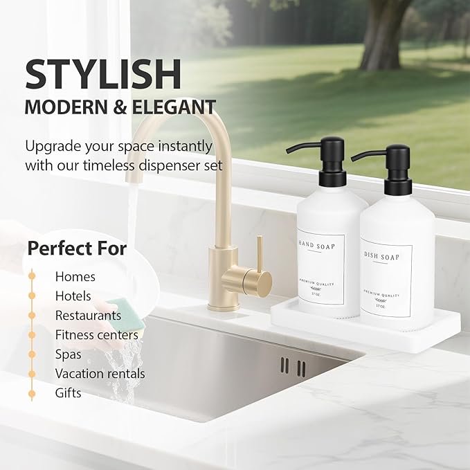 White Glass Kitchen Soap Dispenser Set, 17 OZ Hand and Dish Soap Dispenser Set with Rustproof Stainless Pump, 14 Waterproof Labels, Non-Slip Tray, Modern Bathroom Accessories(White Bottle/Black Pump)