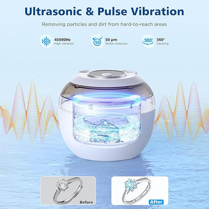 45kHz Retainer Cleaner Machine, 200ML Ultrasonic Dental Cleaning Pod with 4 Modes, Digital Timer, Mouth Guard Cleaner for Denture, Aligner, Braces, Toothbrush, Jewelry and More (White)