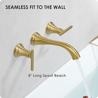 Wall Mount Tub Faucet, High Flow Solid Brass Brushed Gold Bathtub Faucet, 2 Handles Tub Filler with 8" Spout Reach, Rough-in Valve Included