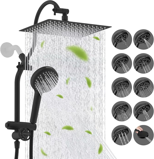 Hibbent cUPC Certified All Metal 12" Rainfall Showerhead Combo, High Pressure Shower Head with 10-Sprays Handheld, Innovative 4-way Diverter with Pause Mode, 71'' Shower Hose and Holder, Matte Black