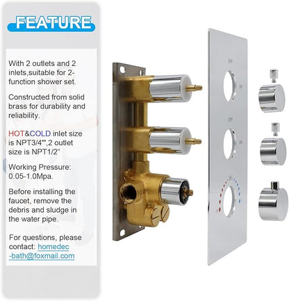 2 Way Shower Diverter Valve Brass 2 Functions Thermostatic Shower Mixing Valve Kit 3 Handle Flow Control Valve, 3/4 Inch Inlet, Can Run Simultaneously(Chrome)