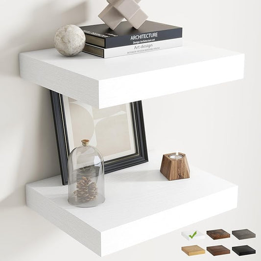 16 Inch Floating Shelves for Wall Set of 2, 12"D Wood Grain Bathroom Shelves with Invisible Brackets, Easy Install Engineered Wood Storage Shelves for Kitchen, Living Room, Bedroom, White Finish