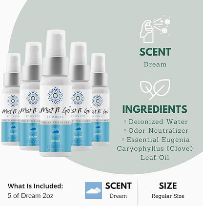 Mist N’ Go by Omaze Travel Bathroom Spray for Toilet Spray Odor Eliminator - Travel Toilet Spray for Bathroom Air Freshener Spray for Bathroom Deodorizer - Dream Regular Size (2oz x5)