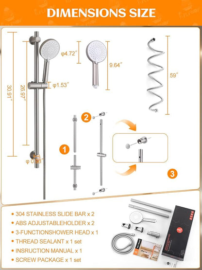 Handheld Shower Head with Slide Bar, 2.5GPM High Pressure 3-Function Adjustable Handheld Shower Head with 59-Inch Hose and Adjustable Holder (Nickel)