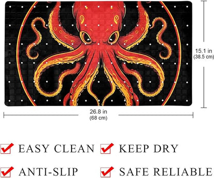 Bathtub Mats for Shower Tub, Anti-Slip Bath Mats for Inside Tub, Bathroom Shower Mats with Drain Holes and Suction Cups (Aesthetic Red and Yellow Octopus Black Background)