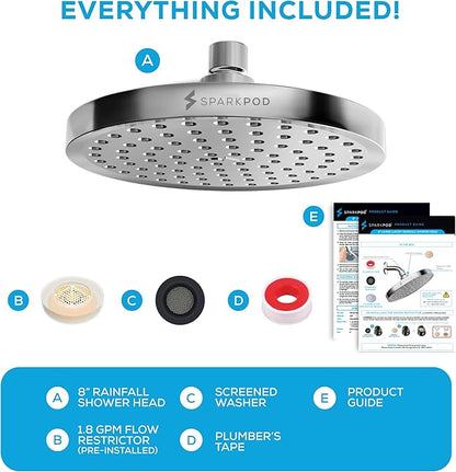 SparkPod Shower Head - High Pressure Rain - Premium Quality Luxury Design - 1-Min Install - Easy Clean Adjustable Replacement for Your Bathroom Shower Heads (Luxury Polished Chrome, 8 Inch Round)