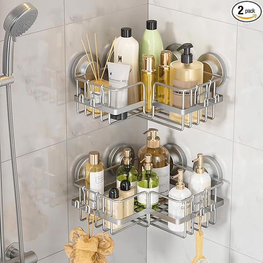 LEVERLOC 2 Pack Corner-adaptive Suction Cup Shower Caddies, Drill-Free Wall Mounted Basket, Stainless Steel Rustproof Corner Shower Shelf, Large Capacity Removable Suction Cup Bathroom Organizer, Gray