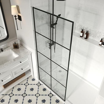 36" W x 76" H Frameless Shower Screen, Fixed Glass Panel for Walk-In Shower, 3/8" Tempered Glass, Grid Pattern Design