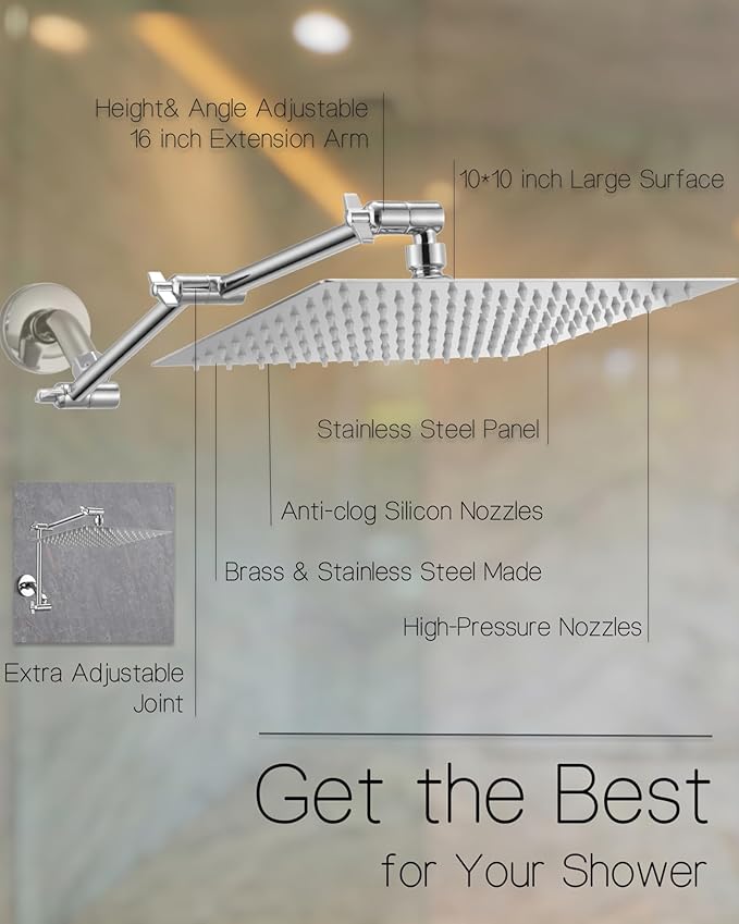 All Metal Rain Shower Head, 10'' High Pressure Rainfall Square Showerhead with 16" Shower Head Extension Arm, Brass Adjustable Shower Arm Extender, Waterfall fixed Showerheads, Chrome