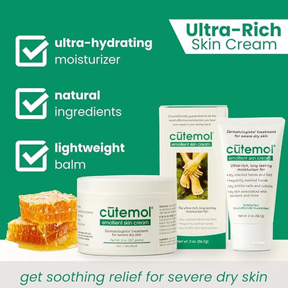 Cutemol Emollient Moisturizing Cream - Serious Moisturizer Lotion Balm for Recovering Dry, Damaged Skin - Hydration for Cracked Hands and Feet, Eczema, Psoriasis, and Raw Skin (8 oz)