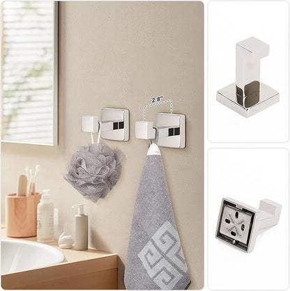 NearMoon 5 Pieces Bathroom Hardware Set 304 Stainless Steel - Square Towel Rack Set Include 16" Towel Rod + Towel Ring + Toilet Paper Holder + 2 Robe Towel Hooks Bathroom Accessories (Chrome Finish)