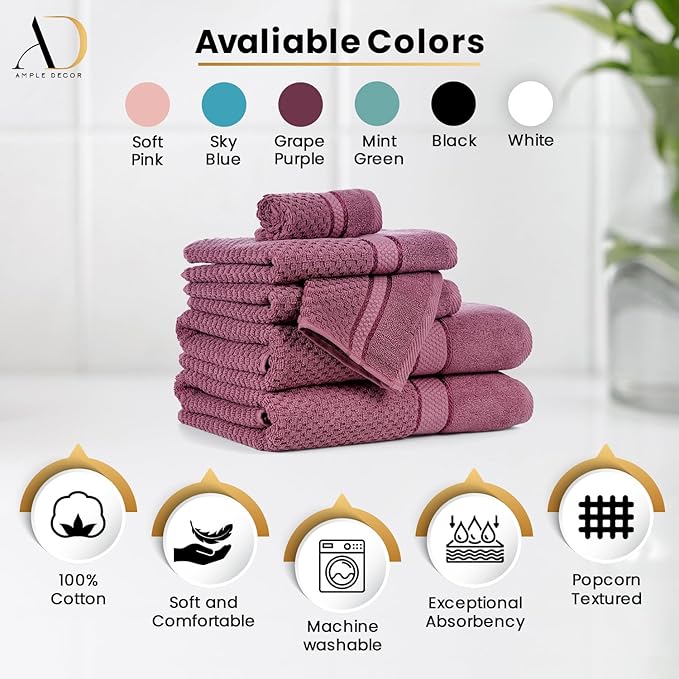 Ample Decor Grape Purple Wash Cloth Set of 10 100% Cotton - Quick Dry, Highly Absorbent, Popcorn Textured - Mulaayam Collection - 12 X 12 Inch