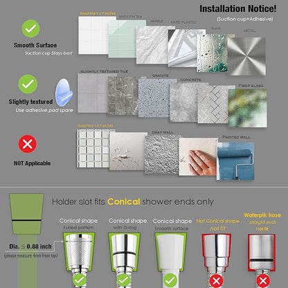 Handheld Shower Head Holder with Enhanced Suction Cup - Relocatable - 4 Angles Adjustable - 90° Downward - Bathroom Wall Mount Shower Wand Holder (Polished Chrome)