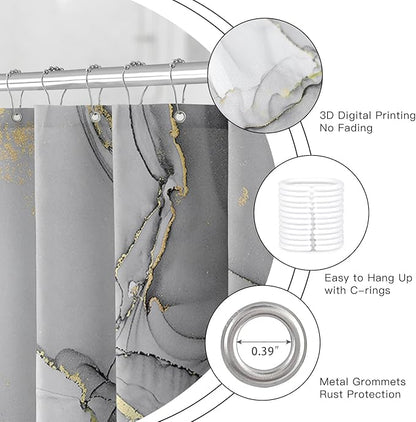 Grey Marble Shower Curtain, Modern Abstract Fabric Shower Curtains for Bathroom, Luxury Art Ink Texture Watercolor Shower Curtain Set with Hooks 72x72