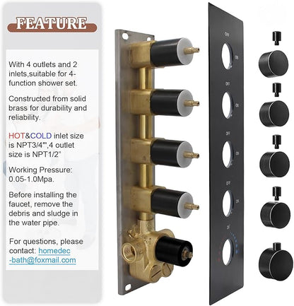 HOMEDEC Black 4-Function Shower Diverter Valve, 4 Ways Thermostatic Brass Mixer Mixing Shower Valve, Can Use All Options At a Time