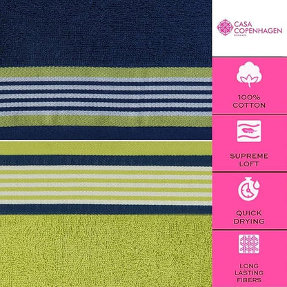CASA COPENHAGEN He & She 6 Pieces Towel Set- California Blue + Green, 550 GSM 2 Bath Towel 2 Hand Towel 2 Washcloth, Designed in Denmark Made of Soft Egyptian Cotton for Bathroom, Kitchen & Shower