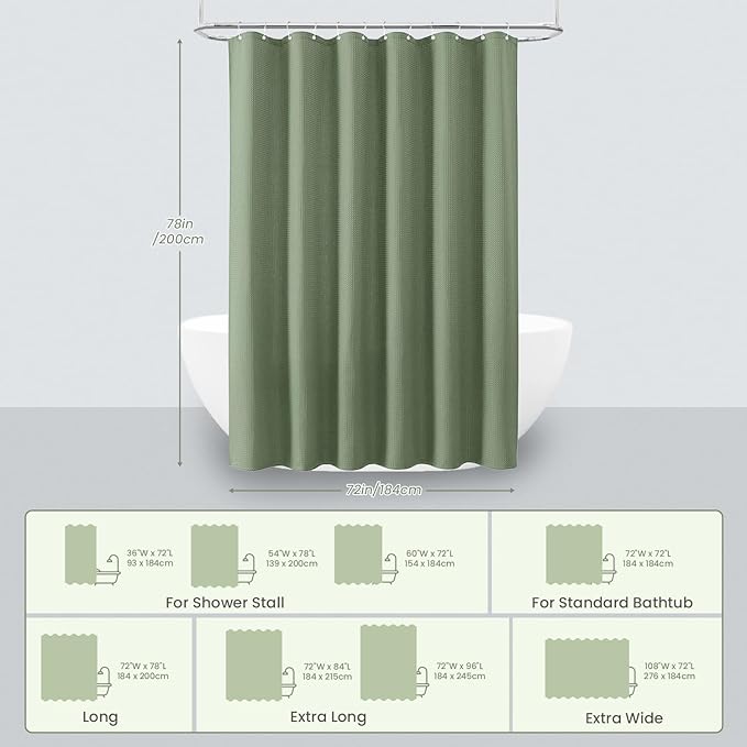 Inhousolu Fabric Shower Curtain Waffle Weave, Sage Green 230 GSM Heavy Duty, Weighted Hem, 14 Metal Hooks, Water Repellent, Machine Washable, Hotel Spa Luxury Bath Curtain Set, 72 x 78 Inch