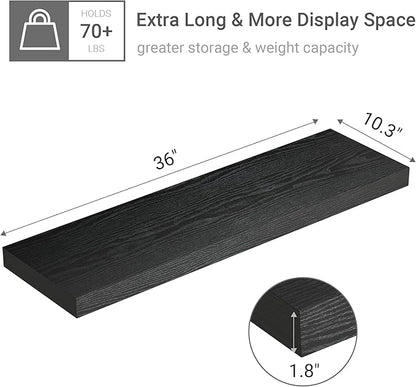 Vivelove Black Floating Shelves for Wall 10 inch Deep, 36” x 10.3” x 1.8”, Large Wall Shelves for Bedroom, Bathroom, Living Room, Kitchen, Office, Modern Shelf Home Decor with Invisible Bracket