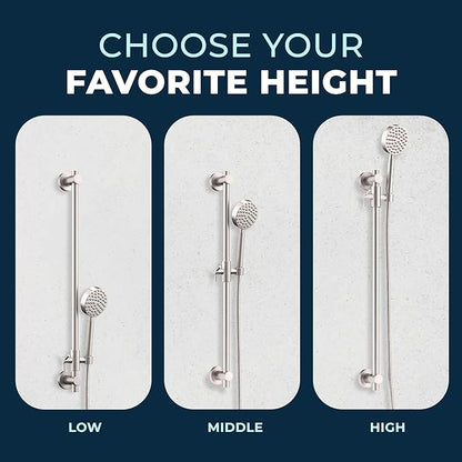 HammerHead Showers® Solid Metal 27.5 Inch Shower Slide Bar Set and Handheld Shower Head with Hose — BRUSHED NICKEL — 2.5 GPM High Pressure Spray Wand — Easily Adjust Height & Angle of Handshower