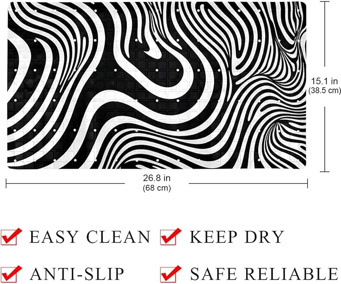 Bath Tub and Shower Mats, Non Slip Bathmat with Drain Holes and Suction Cups for Bathroom Floor, 15.1 x 26.8 Inch (Art Abstract Black and White Lines Pattern)