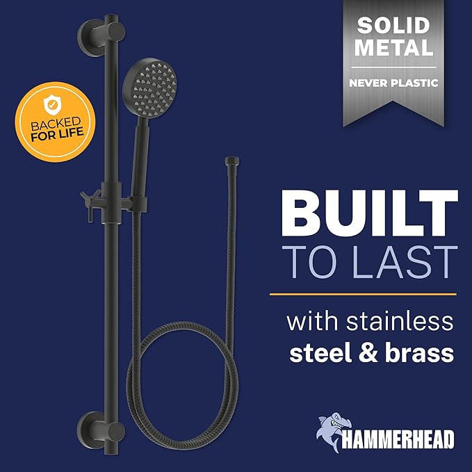 HammerHead Showers® SOLID METAL 27.5 Inch Shower Slide Bar Set and Handheld Shower Head with Hose — MATTE BLACK — 1.75 GPM Low Flow Spray Wand — Easily Adjust Height & Angle of Handshower