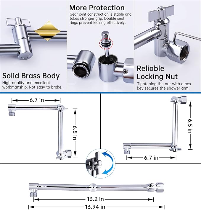 G-Promise 13 Inch Shower Head Extension Arm, Solid Brass Height & Angle Adjustable Extender, Rise or Lower Rainfall and Fixed Shower Head (Chrome)