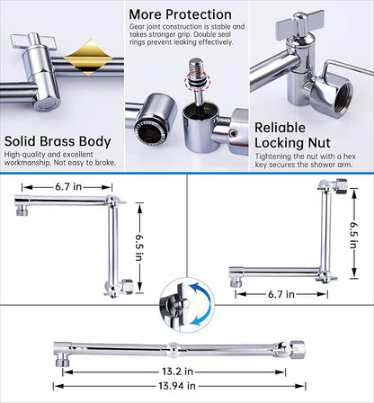 G-Promise 13 Inch Shower Head Extension Arm, Solid Brass Height & Angle Adjustable Extender, Rise or Lower Rainfall and Fixed Shower Head (Chrome)