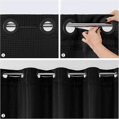 MitoVilla Black Waffle Long Shower Curtain Liner Set 72 x 80, No Hooks Required 80 inch Long Heavyweight Fabric Shower Curtain Set with Snap-in Liner for Hotel Grade Spa-Like Bathroom Decor