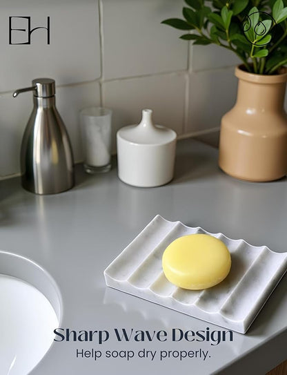 Marble Soap Dish - Soap Dish for Shower, Shower Bar Soap Holder, Real Marble Bathroom Tray, Decorative Stone Soap Dish with Drainage (Calacatta White, Sharp Wave)