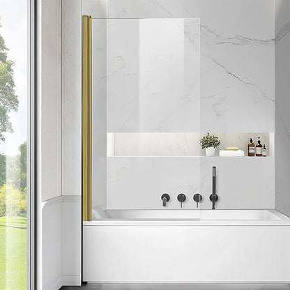 Frameless Tub Shower Door, Clear Tempered Glass Bathroom Shower Door 30" W*55" H, Hinged Foldable Bathtub Screen with Brushed Gold Wall Profile Support