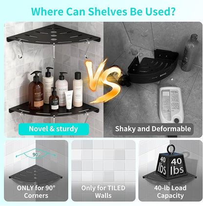 Shower Corner Shelf 304 Stainless Steel Shower Caddy 2 Tier Shower Organizer Niche with Extra 6 Hangers Shelves 40 lbs Large Capacity Shower Shelf for Inside Anti-Rust Drilling Installation(Black)