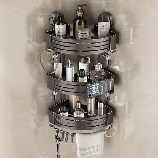 VOLPONE Corner Shower Caddy Suction Cup Shower Shelf Corner No Drilling Bathroom Shower Organizer Storage Rack Adhesive triangle with towel bar hooks 3 tier gray