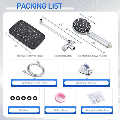 Wide Rain Shower Head With 5 Modes Handheld Showerheads, High Pressure Showerhead Combo with Extension Arm for Bathroom Accessories, Adjustable Shower Head with Anti-Clog Nozzles (Chrome)