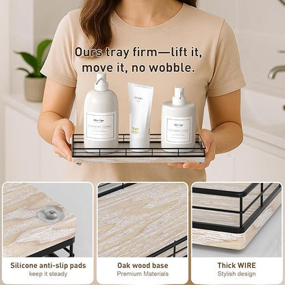 Bathroom Tray for Counter Top Organizer – Ash Wood Vanity Tray with Metal Frame for Dresser, Kitchen, Nightstand – Black & Whitewashed Decorative Storage