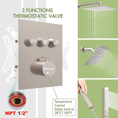 Thermostatic Shower System Wall Mounted, 12 inch Dual Shower Faucet Set with 8 inches Wall Mounted Shower Head, Push Button Diverter 3 Function Shower Head System with 2 in 1 Shower Handheld