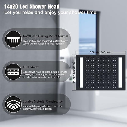 Rain Shower Head System with 14x20 Inch Ceiling Mount LED Head & 6 Inch Wall Head and Handheld Shower 3 Way Pressure Balance Valve Kit, Matte Black