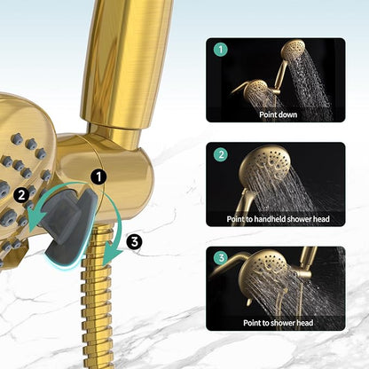 SR SUN RISE High Pressure 3-Way Rainfall Shower Faucet, 3 in 1 Shower Head and Handheld Shower Combo Set with 71” Hose, Easy to Clean Bathtub or Pets, Valve and Shower Trim Kit, Brushed Gold