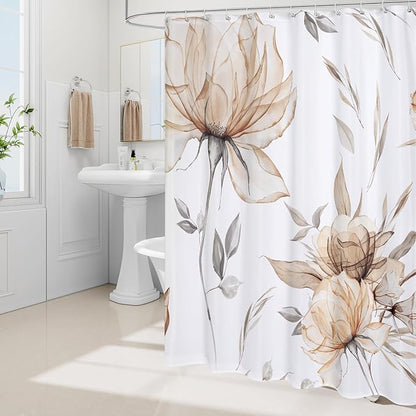 Light Brown and Grey Boho Watercolor Floral Shower Curtain, Ink Painting Style Blossom & Leaf Shower Curtains for Chic Elegant Bathroom, Artistic Tan Fabric Flower Shower Curtain, 72x72