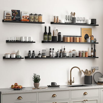 Heimlove Picture Ledge Shelf, Floating Shelves Set of 2, 48 Inches Picture Shelf for Wall with Ledge, Kids Bookshelf Wall Mounted for Living Room Bedroom Decor Books Photo Frames, Black