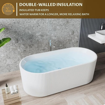 59" Free Standing Tub, Acrylic Soaking Bathtub, Stand Alone Freestanding Tub with Matte Sliver Drain and Overflow, Contemporary Bathtub for Bathroom, Pleated Gloss White