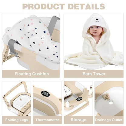 MoreFeel Collapsible Baby Bathtub for Newborn with Thermometer & 1 Hooded Towel & 1 Soft Floating Cushion,Portable Travel Bathtub with Drain Hole, Durable Foldable Baby Tubs for Infants to Toddler