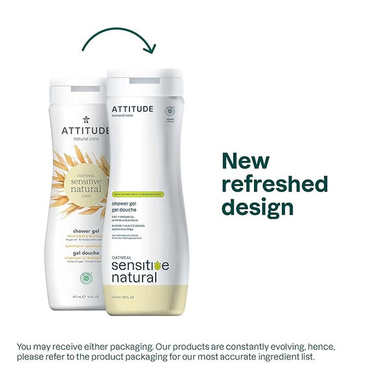 ATTITUDE Body Wash for Sensitive Skin with Oat and Argan Oil, EWG Verified, Dermatologically Tested, Vegan, 16 Fl Oz
