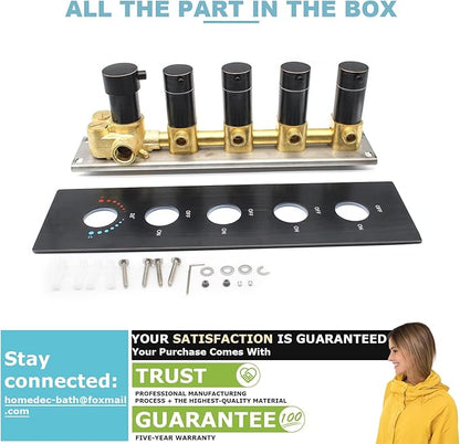 HOMEDEC Oil Rubbed Bronze Brass 4 Way Shower Valve and Trim Kit, Thermostatic Shower Mixer Diverter Valve Faucet Replacement, Water Inlet 3/4"(Vertical installation, 5 Handles)
