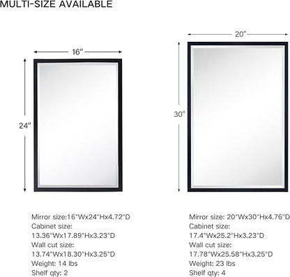 TEHOME Black Metal Framed Recessed Bathroom Medicine Cabinet with Mirror Rectangle Beveled Vanity Mirrors for Wall 16 x 24 inches