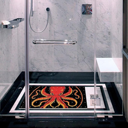 Bathtub Mats for Shower Tub, Anti-Slip Bath Mats for Inside Tub, Bathroom Shower Mats with Drain Holes and Suction Cups (Aesthetic Red and Yellow Octopus Black Background)