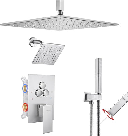 VANFOXLE Shower Faucet Set Brushed Nickel Shower System,Push Button Diverter Shower Faucet with 2 in 1 Handheld,Ceiling Mount Increased Thickness 12 Inch Shower Head with 6 Inch Wall Mount Shower Head