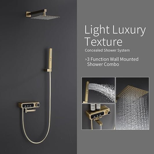 10" Square Rainfall Bathtub and Shower Trim Systems with Rotating Handheld Sprayer, Foldable Tub Spout, Wall-Mounted, Solid Brass Valve with Shampoo Platform- Brushed Gold (Square, Brushed Gold)