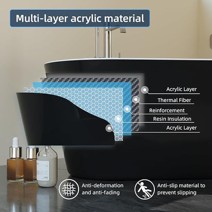 59'' Acrylic Freestanding Bathtub, Deep Soaking Tub with Non-Slip Base, cUPC Certified, Modern Black Bath Tub with Chrome Drain, Free Standing Tub for Bathrooms