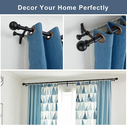 Double Curtain Rod 28 to 48 inch, Adjustable 1 inch Double Drapery Rod Rods for Windows and Doors with Ball Round Finials and Premium Aluminum Brackets Set (28-48",Matte Black)