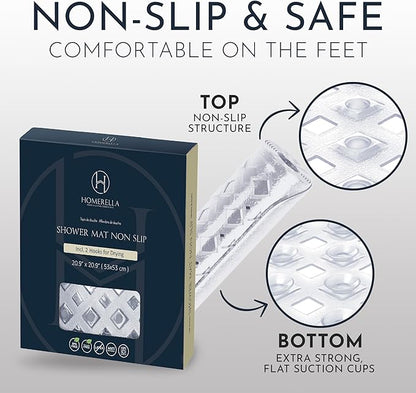 homerella® Shower Mat Non Slip Anti Mold, Non Slip Shower Mats for Inside Shower Stall Anti Slip Mat, Square Shower Floor Mat 21 x 21 in with Suction Cups & Hooks for Quick Drying, Machine Washable